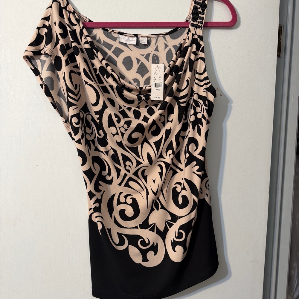 New York & Company Black and Cream Patterned Blouse